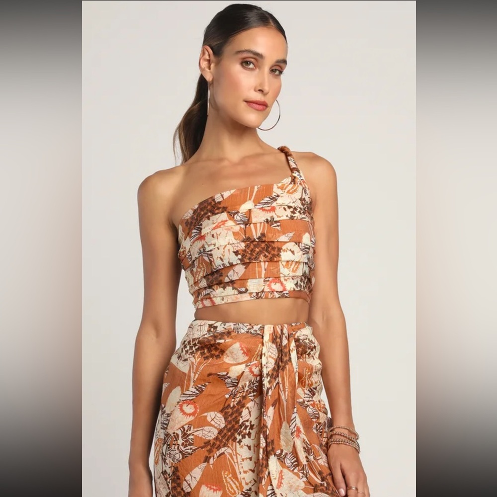 Something Wild Brown Multi Print Pleated One-Shoulder Crop Top XL